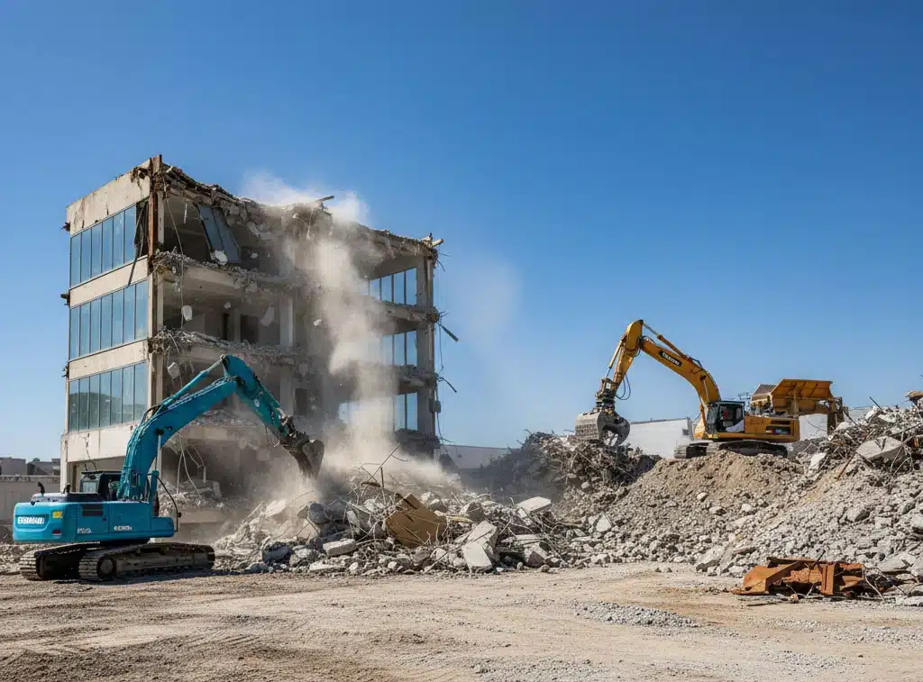 Abbruchunternehmen München – REVICON Abbruch & Erdbau auf Münchener Baustelle mit Bagger und Sortiergreifer